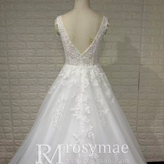 A-line Deep V-Neck Lace Wedding Dress Illusion Bodice with Lace Appliqués - Rosymae