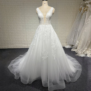 A-line Deep V-Neck Lace Wedding Dress Illusion Bodice with Lace Appliqués - Rosymae