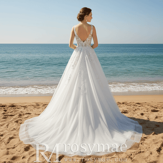A-line Deep V-Neck Lace Wedding Dress Illusion Bodice with Lace Appliqués - Rosymae
