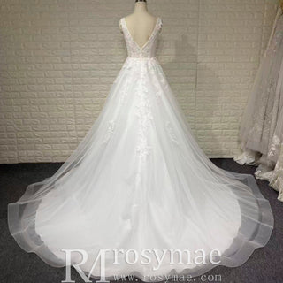 A-line Deep V-Neck Lace Wedding Dress Illusion Bodice with Lace Appliqués - Rosymae