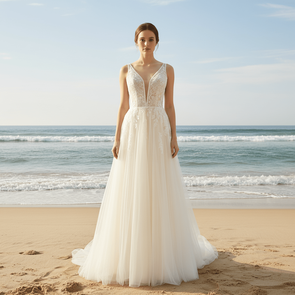 A Line Deep V-Neck Wedding Dresses with Tank Sleeve - Rosymae