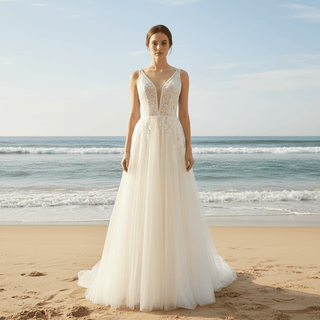 A Line Deep V-Neck Wedding Dresses with Tank Sleeve - Rosymae