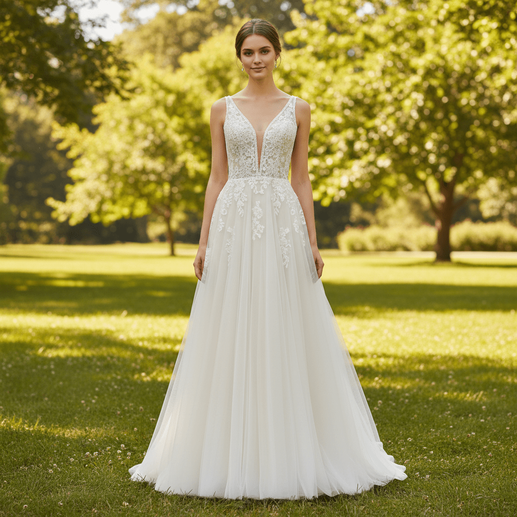 A Line Deep V-Neck Wedding Dresses with Tank Sleeve - Rosymae