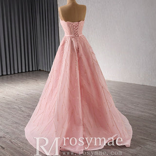 A-Line Floor Length Women Pink Prom Party Gowns Evening Dress - Rosymae