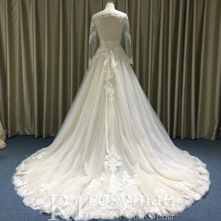 Elegant Keyhole Back Floral Lace Appliqued Wedding Dress