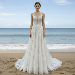 Trendy A-line Tulle Floral Lace Wedding Dress with Sapaghetti Strap