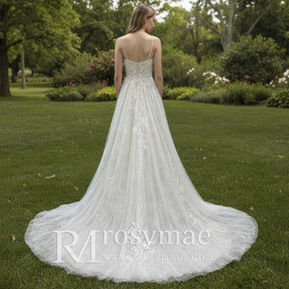 Trendy A-line Tulle Floral Lace Wedding Dress with Sapaghetti Strap