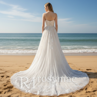 Trendy A-line Tulle Floral Lace Wedding Dress with Sapaghetti Strap