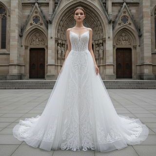 Elegant A-line Sheer Bodice Wedding Dress with Spaghetti Strap Rosymae Elegant A-line Sheer Bodice Wedding Dress with Spaghetti Strap Rosymae