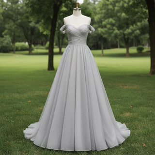 Off-Shoulder A-Line Sparkly Tulle Prom Dress with Vneck