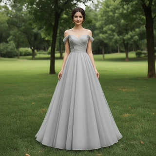 Off-Shoulder A-Line Sparkly Tulle Prom Dress with Vneck