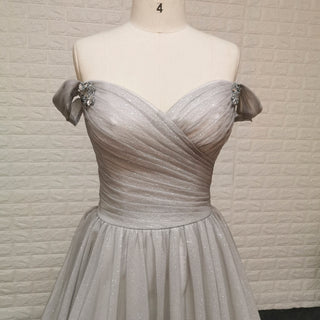 Off-Shoulder A-Line Sparkly Tulle Prom Dress with Vneck