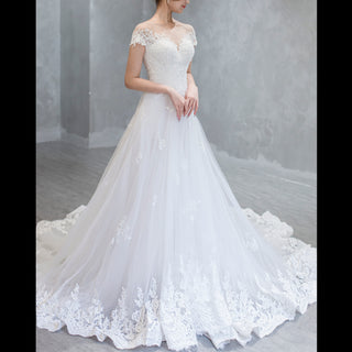 Short Sleeve A Line Tulle Appliqued Lace Wedding Dress.