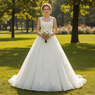 Lace and Tulle A-line Wedding Dress with Square Neckline