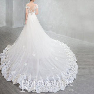 Short Sleeve A Line Tulle Appliqued Lace Wedding Dress