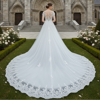 Short Sleeve A Line Tulle Appliqued Lace Wedding Dress