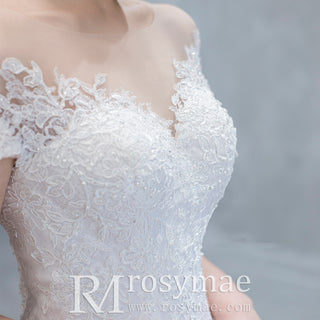 Short Sleeve A Line Tulle Appliqued Lace Wedding Dress