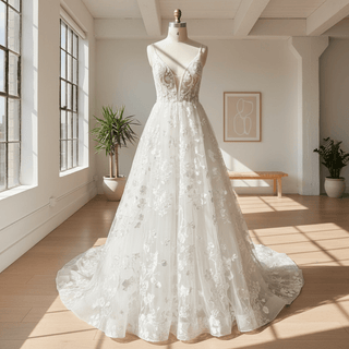 A-line Lace Overlay Vneck Wedding Dress with Spaghetti Strap - Rosymae
