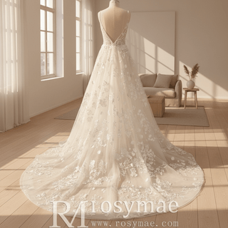 A-line Lace Overlay Vneck Wedding Dress with Spaghetti Strap - Rosymae