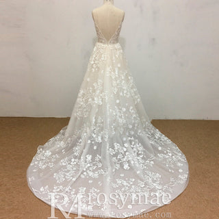 A-line Lace Overlay Vneck Wedding Dress with Spaghetti Strap - Rosymae