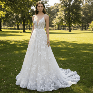 A-line Lace Overlay Vneck Wedding Dress with Spaghetti Strap - Rosymae