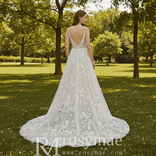 A-line Lace Overlay Vneck Wedding Dress with Spaghetti Strap - Rosymae