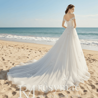 A-Line Lace Tulle Wedding Dress with Short Sleeve - Rosymae