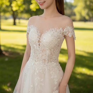 A-Line Lace Tulle Wedding Dress with Short Sleeve - Rosymae