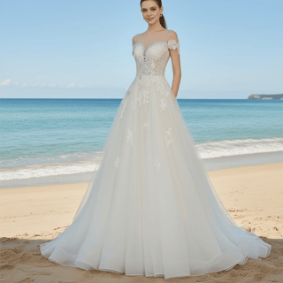 A-Line Lace Tulle Wedding Dress with Short Sleeve - Rosymae