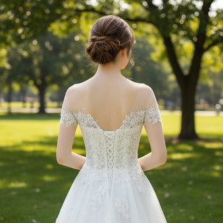 A-Line Lace Tulle Wedding Dress with Short Sleeve - Rosymae