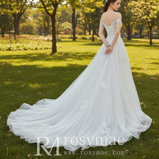 A-Line Lace Tulle Wedding Dress with Short Sleeve - Rosymae