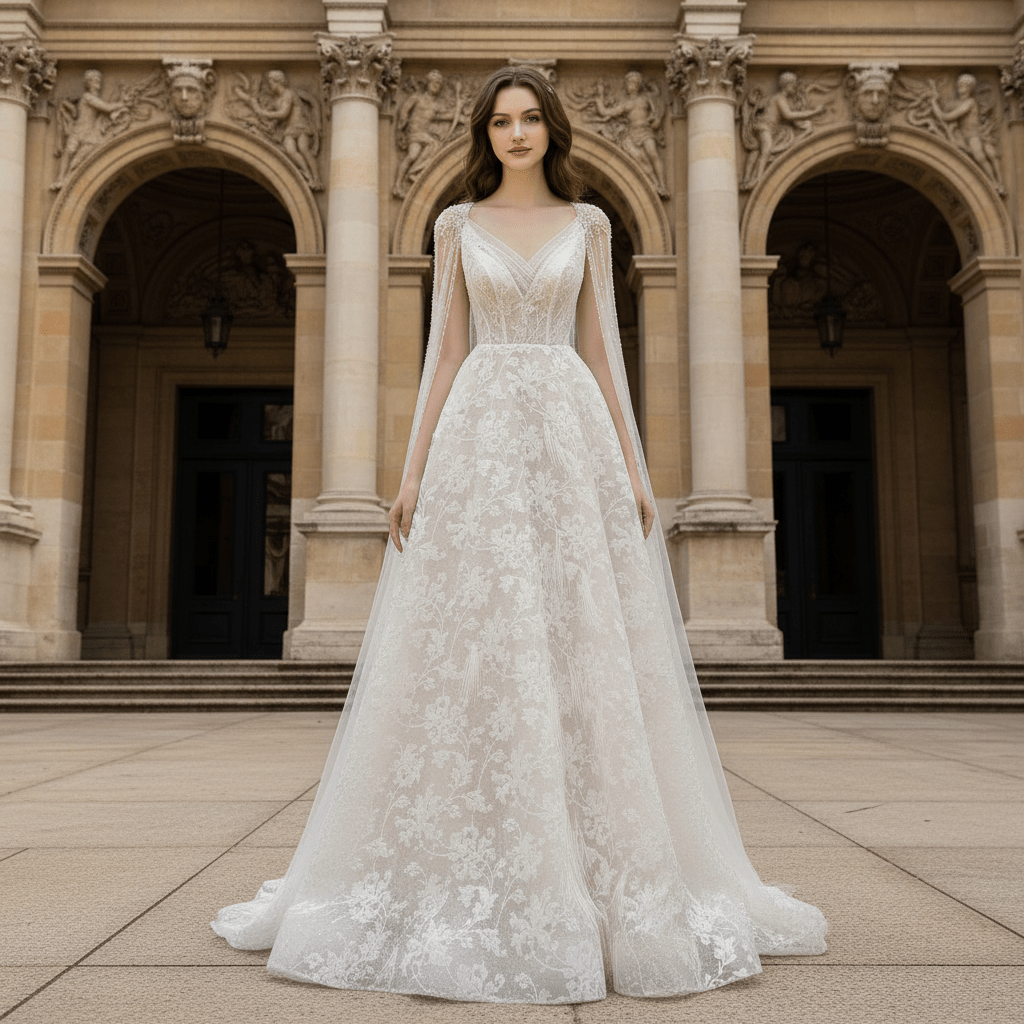 A-line Lace Wedding Dresses & Bridal with Capes and Feathers - Rosymae