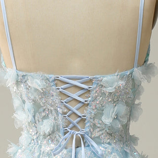 Sky Blue Leg Slit A Line Prom Dress Sheer Bodice with 3D Flowers for Party