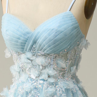 Sky Blue Leg Slit A Line Prom Dress Sheer Bodice with 3D Flowers for Party