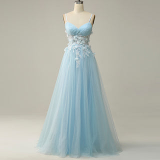 Sky Blue Leg Slit A Line Prom Dress Sheer Bodice with 3D Flowers for Party