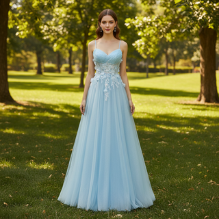 Sky Blue Leg Slit A Line Prom Dress Sheer Bodice with 3D Flowers for Party