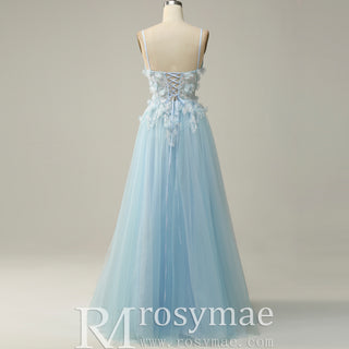 Sky Blue Leg Slit A Line Prom Dress Sheer Bodice with 3D Flowers for Party
