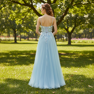 Sky Blue Leg Slit A Line Prom Dress Sheer Bodice with 3D Flowers for Party