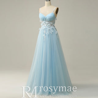 Sky Blue Leg Slit A Line Prom Dress Sheer Bodice with 3D Flowers for Party