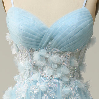 Sky Blue Leg Slit A Line Prom Dress Sheer Bodice with 3D Flowers for Party