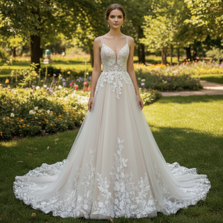 A-line Tulle Lace Wedding Dress with Spaghetti Strap