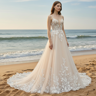 A-line Tulle Lace Wedding Dress with Spaghetti Strap