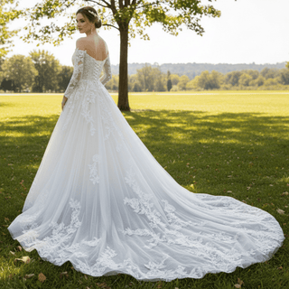 A-Line Long Sleeve Multi-Color Lace Wedding Dresses - Rosymae