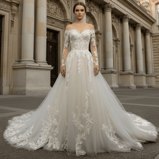 A-Line Long Sleeve Multi-Color Lace Wedding Dresses - Rosymae