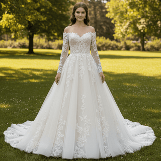 A-Line Long Sleeve Multi-Color Lace Wedding Dresses - Rosymae