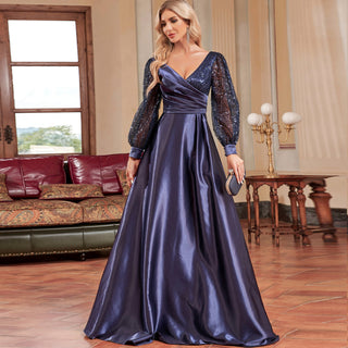 A-Line Long Sleeve Sequin Evening Dress Formal Prom Gown with V-neck - Rosymae