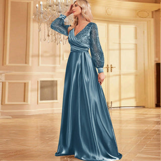 A-Line Long Sleeve Sequin Evening Dress Formal Prom Gown with V-neck - Rosymae
