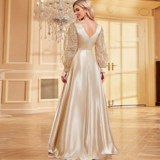 A-Line Long Sleeve Sequin Evening Dress Formal Prom Gown with V-neck - Rosymae