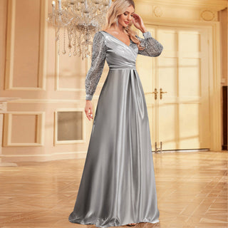 A-Line Long Sleeve Sequin Evening Dress Formal Prom Gown with V-neck - Rosymae