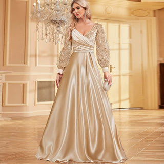 A-Line Long Sleeve Sequin Evening Dress Formal Prom Gown with V-neck - Rosymae